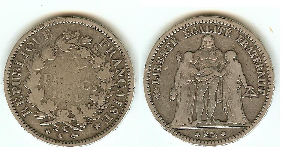 5 Francs Hercule 1871K Bordeaux -TB
